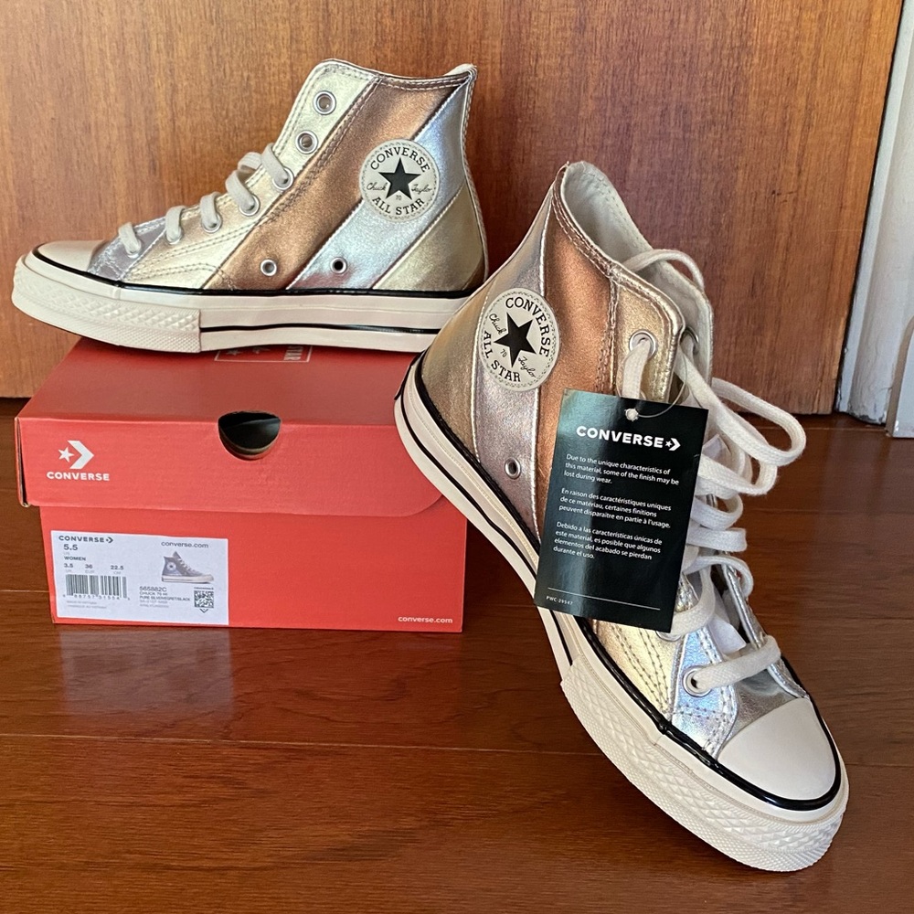 Brand new! Converse women’s size 5.5 Metallic stripe Chuck 70 high tops.